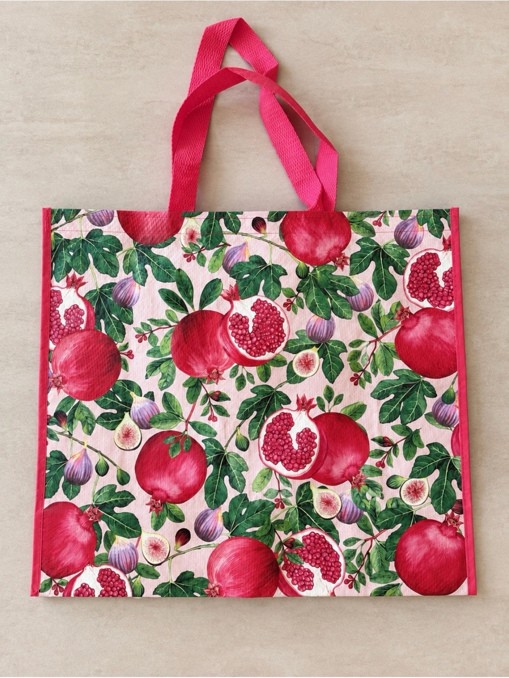 Pomegranate and fig print reusable tote bag